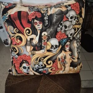 Vibrant Skull and Roses Accent Pillow
